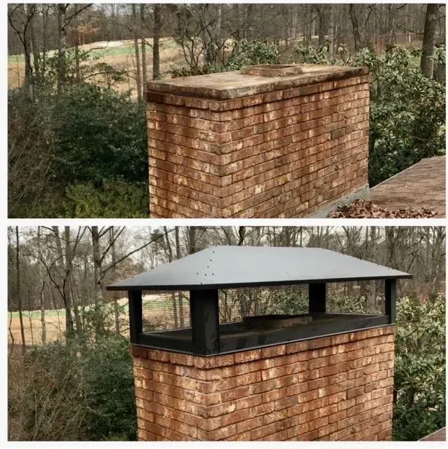 Brick chimney stack before and after with a black metal rain cap added on top