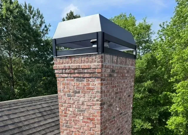 Brick chimney with a black metal cap against a blue sky and green trees