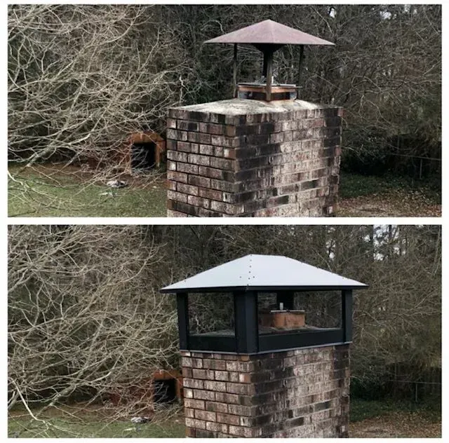 Brick chimney before and after a metal roof cap is added, outdoors against trees.