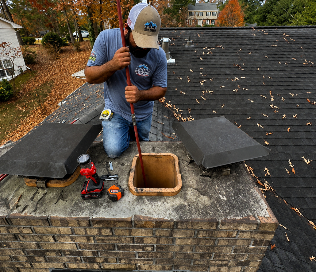 Worker cleaning a brick chimney on a shingled roof, with tools and an open flue nearby.