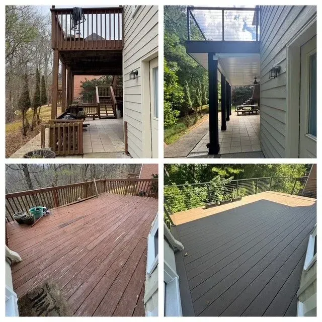 Composite of a wooden deck renovation, showing before-and-after views and gray finished decking boards.