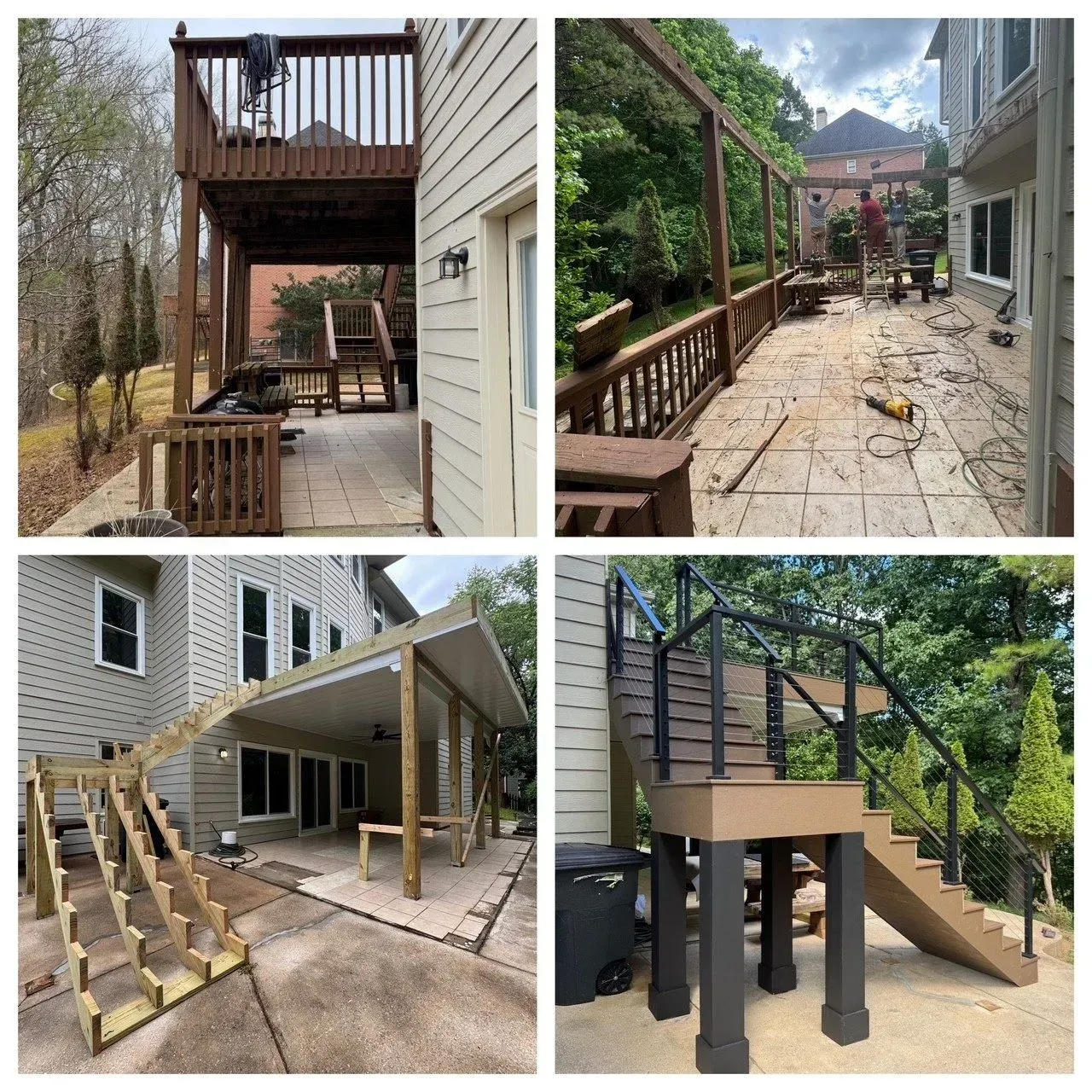Four views of backyard deck construction beside a house, showing unfinished wooden stairs and elevated platforms.
