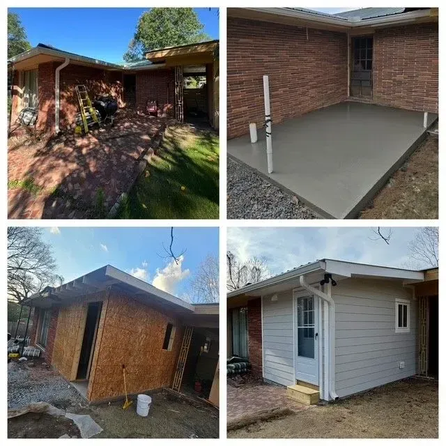 Four home exterior renovation stages: brick patio, poured concrete slab, boarded entry, and new siding addition