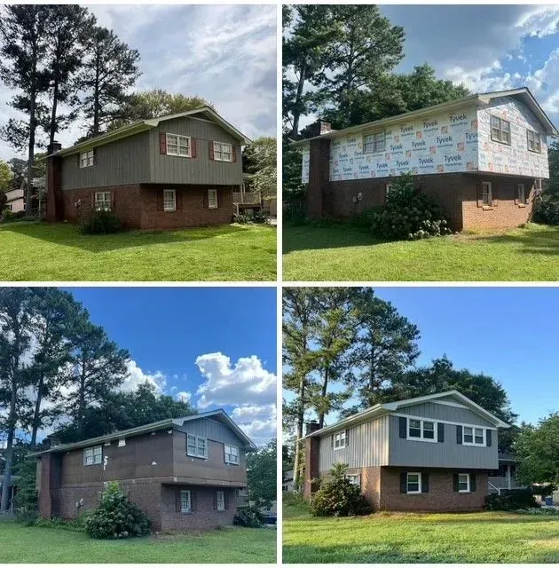 Four views of a two-story brick and siding house with green lawn and tall trees under a blue sky