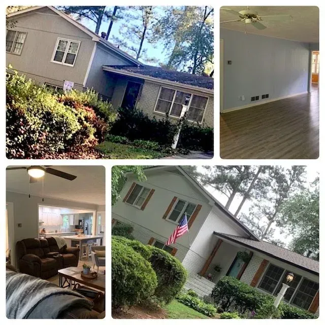Collage of a gray suburban house exterior and a bright living room interior with tan flooring.