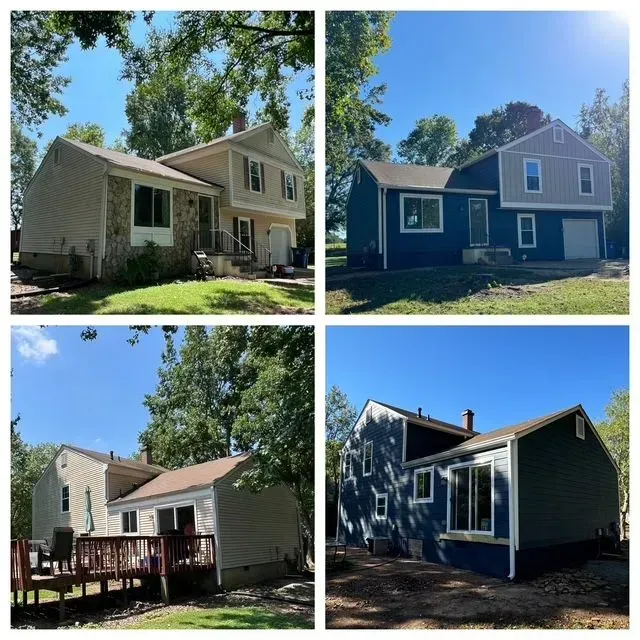 Four views of a light-colored suburban house with a porch, deck, and blue siding under a sunny sky