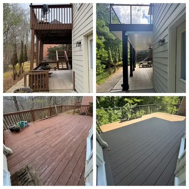 Before-and-after deck renovation with wooden deck and pergola changed to dark composite decking.