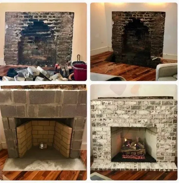 Four photos of a fireplace renovation: damaged brick, rebuilt firebox, and finished white-painted surround