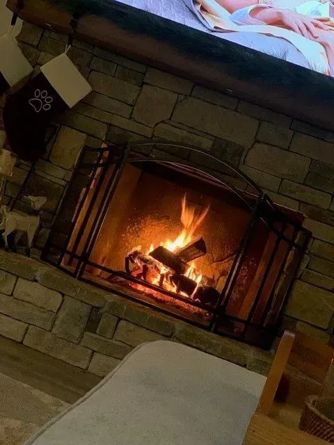 A cozy fireplace burning inside a stone hearth, with a TV above it and a light-colored rug in front.