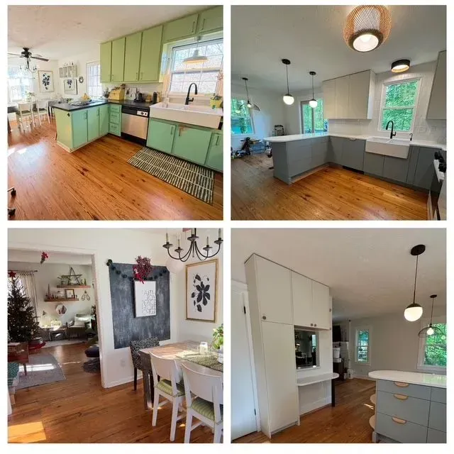 Collage of a bright mint-green and white kitchen with hardwood floors and modern fixtures