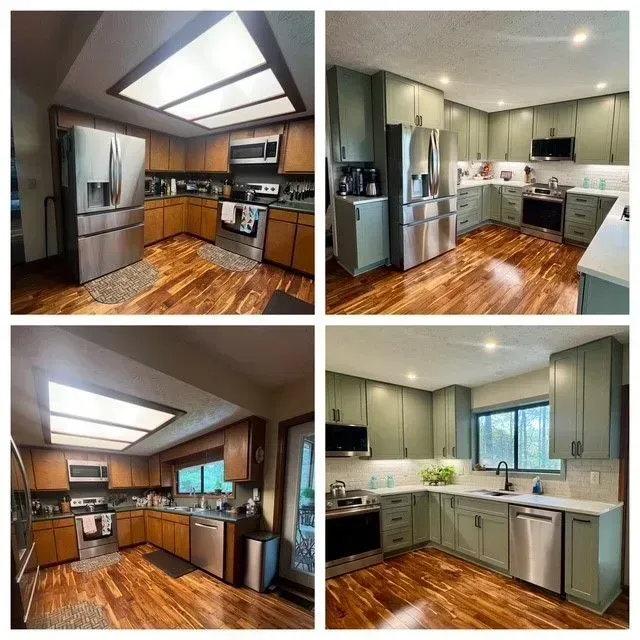 Four views of a modern kitchen with stainless steel appliances, wood floors, and gray cabinets.