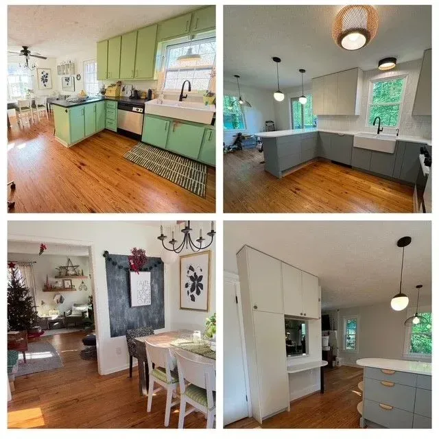 Collage of bright kitchen and dining room interiors with mint green cabinets and hardwood floors