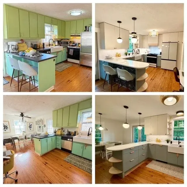 Collage of a remodeled kitchen with green cabinets, white counters, hardwood floors, and pendant lighting