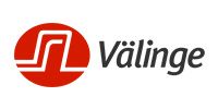 Logo of Välinge: a red oval with a white design and the word 