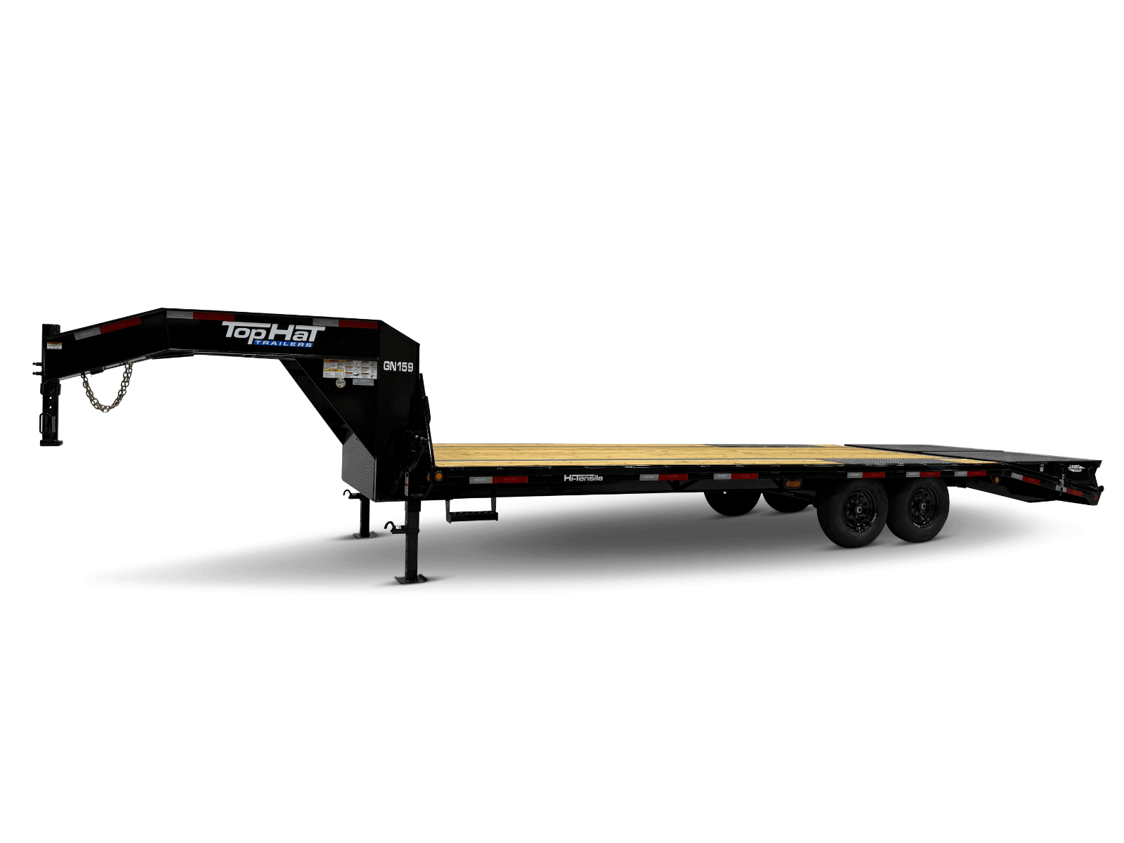 Black gooseneck flatbed trailer with dual axles on a white background