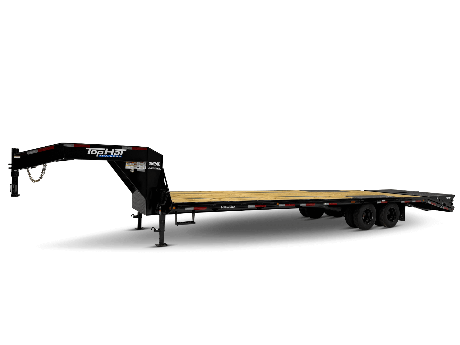 Black flatbed trailer with a front-mounted crane on a white background