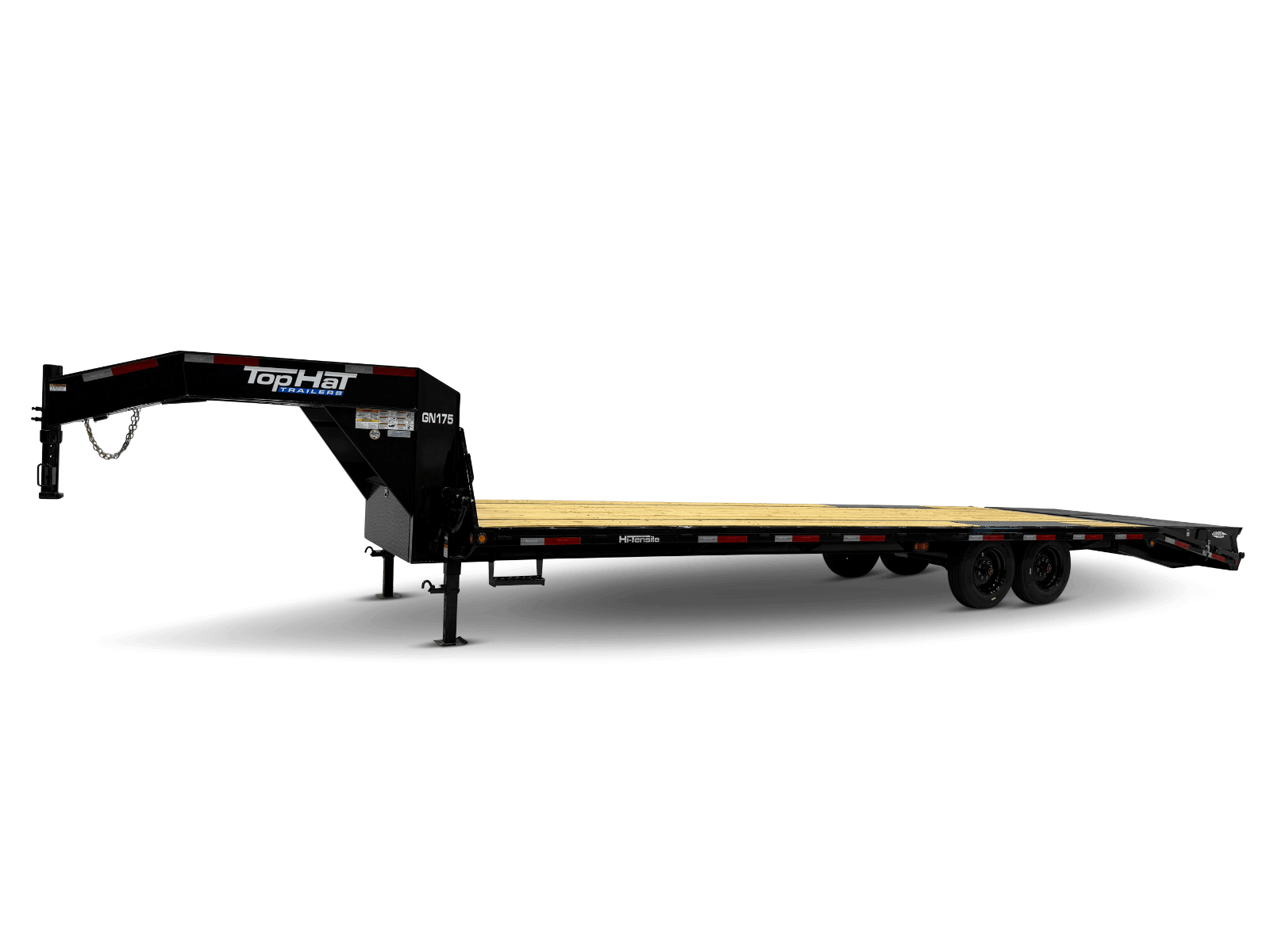 Black gooseneck flatbed trailer with dual axles on a white background