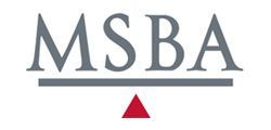 A logo for msba with a red triangle on a white background.