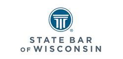 The state bar of wisconsin logo is a blue circle with a pillar in the middle.