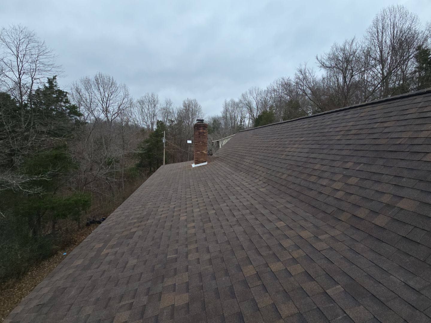 Brown asphalt shingle roof with a brick chimney and treeline against a cloudy sky.