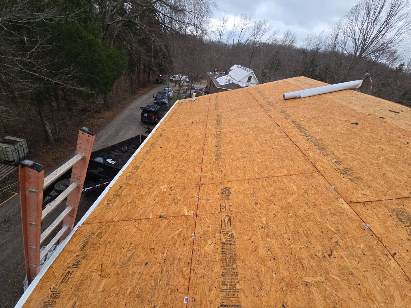 Rooftop with installed plywood, ladder on side, a road and trees in the background.