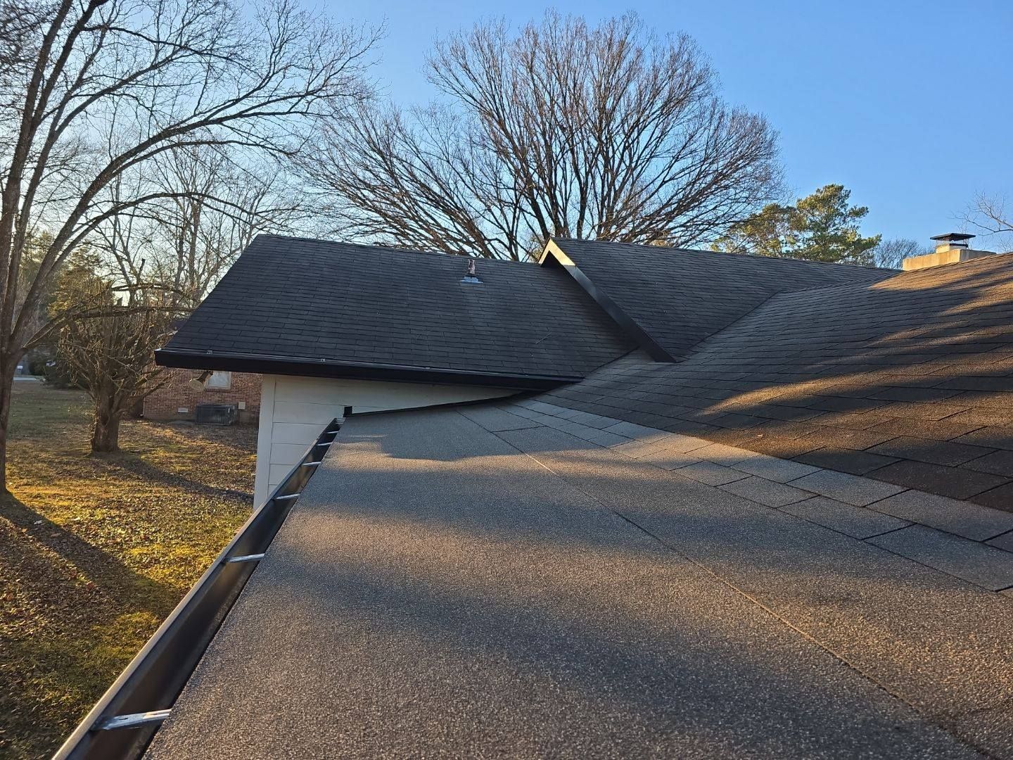 A roof with dark shingles and a gutter, trees and blue sky visible.