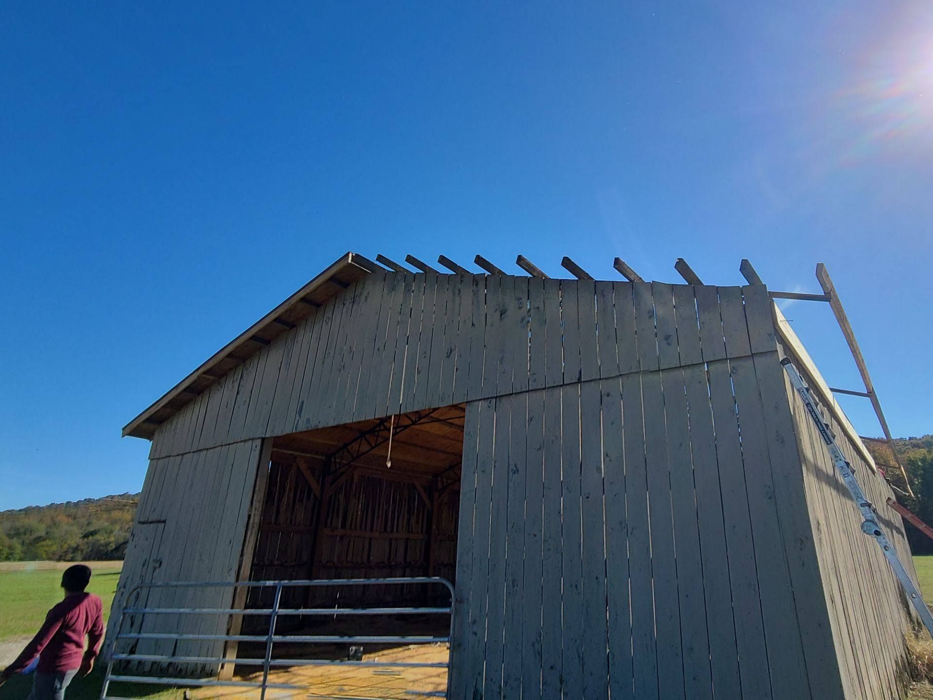 Barn with missing roof, person standing outside, bright blue sky.