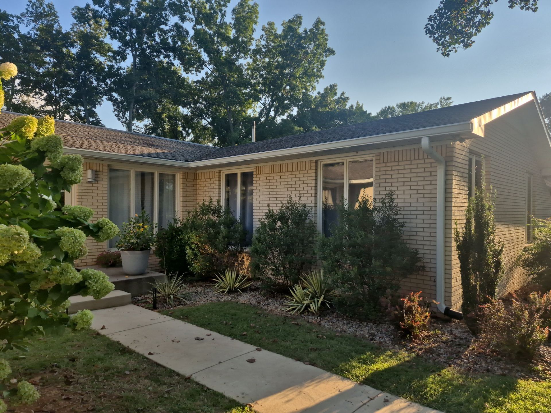 Brick home with a walkway, surrounded by greenery. Daylight with trees in the background.