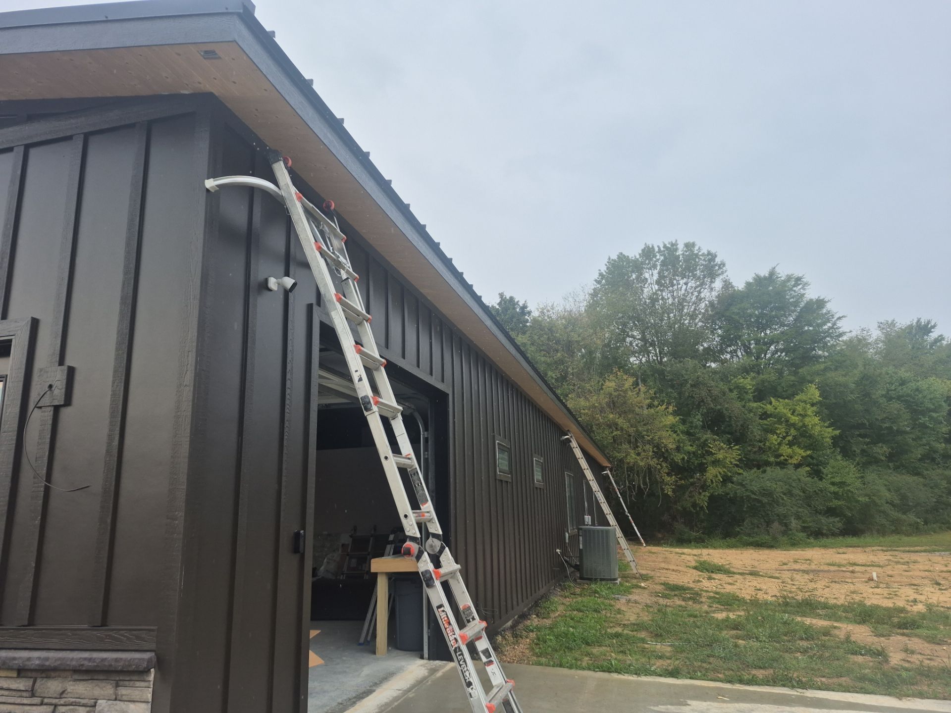 Brown building with ladder leaning against the side. Overcast sky with trees in the background.