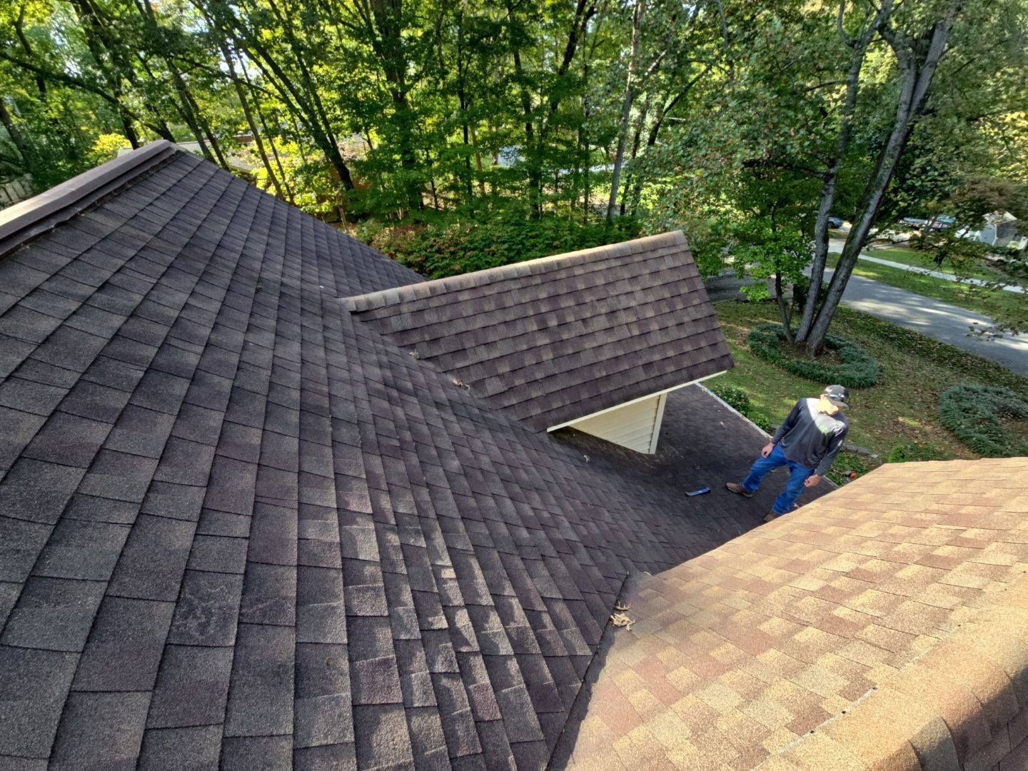 Person on a brown shingle roof inspecting the shingles. Trees in the background.