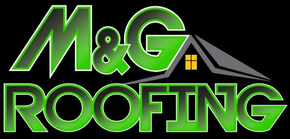 Logo for M&G Roofing, green text with a roof icon, against a black background.