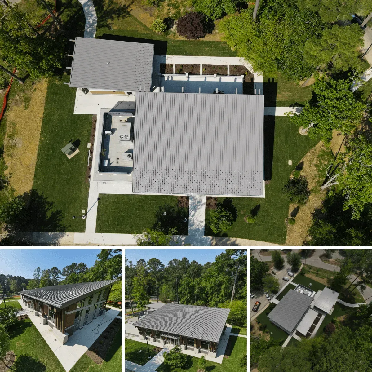 Aerial view of a modern, flat-roofed building with surrounding walkways, green lawns, and trees in various perspectives.