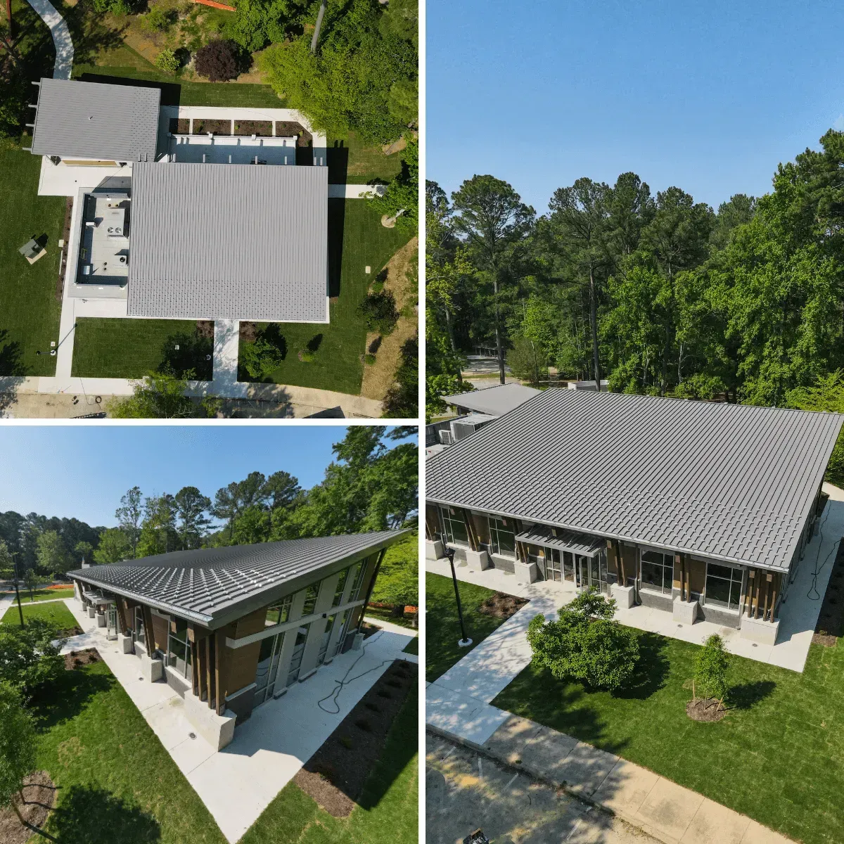 Aerial views of a modern single-story building with a grey patterned metal roof, surrounded by trees and paved walkways.