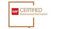 GAF Certified Commercial Contractor logo with red box, brown frame, and white text.