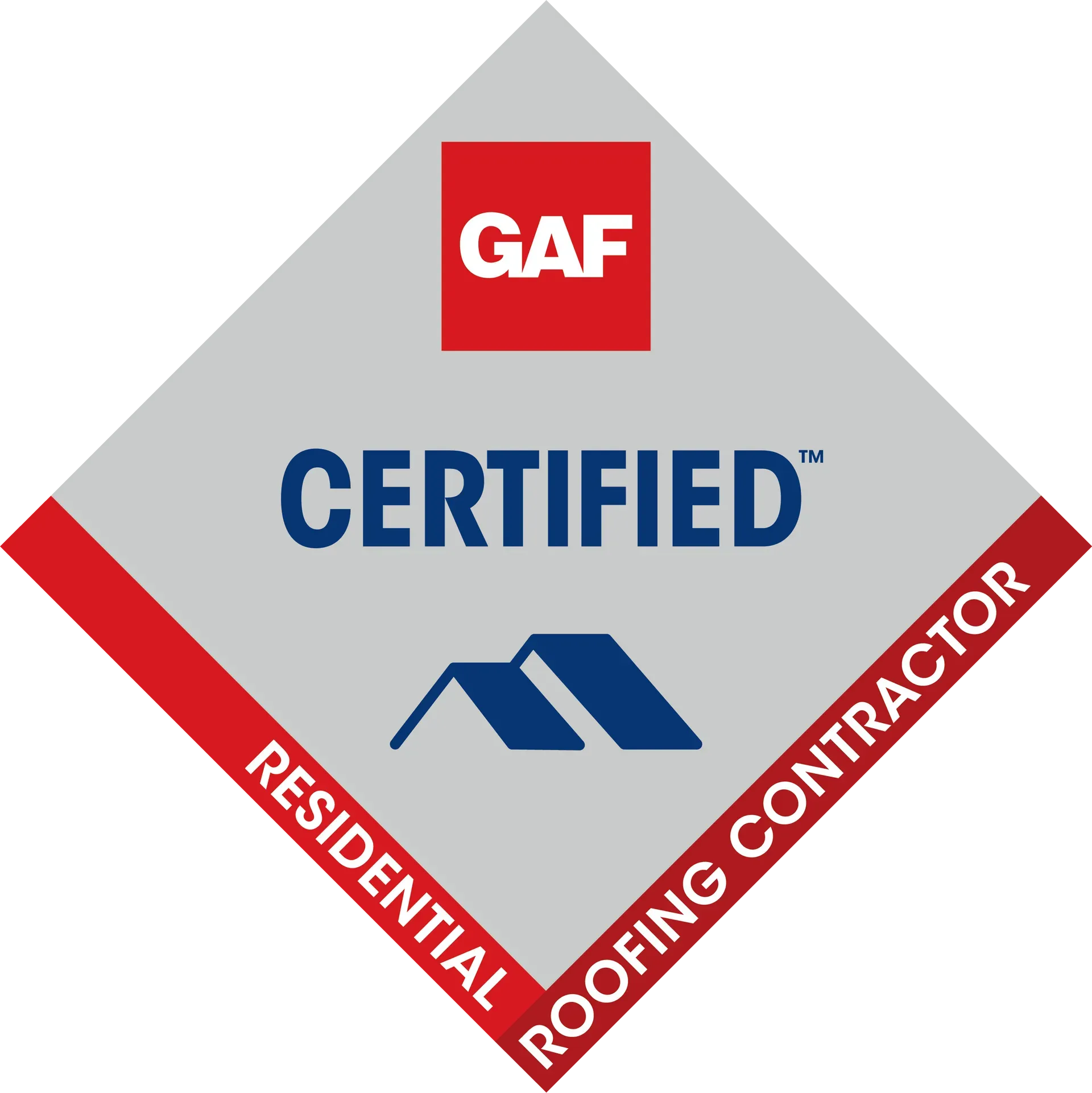 A diamond-shaped logo for a GAF Certified Residential Roofing Contractor, featuring red, white, blue, and gray colors.