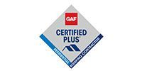 A diamond-shaped GAF Certified Plus Residential Roofing Contractor logo in red, white, and blue.