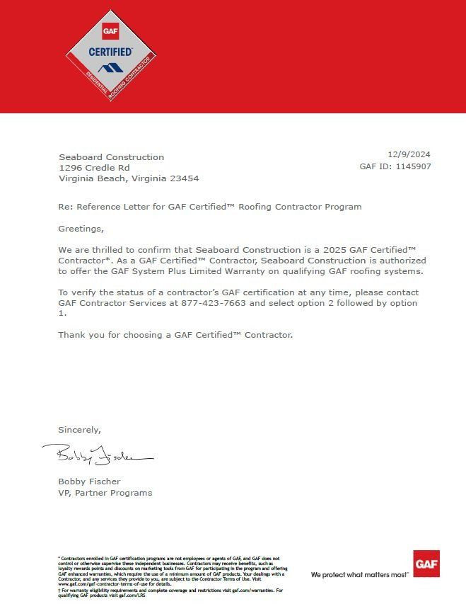 Official GAF Certified™ Contractor letter confirming Boulevard Construction’s 2024 certification status.