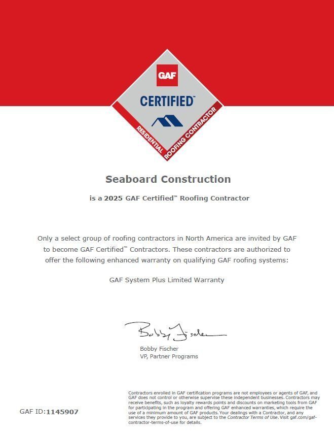 A 2023 GAF Certified Residential Roofing Contractor certificate awarded to Seaboard Construction.