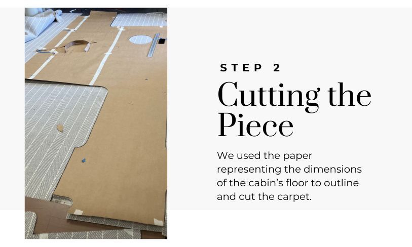 We used the paper representing the dimensions of the cabin’s floor to outline and cut the carpet.