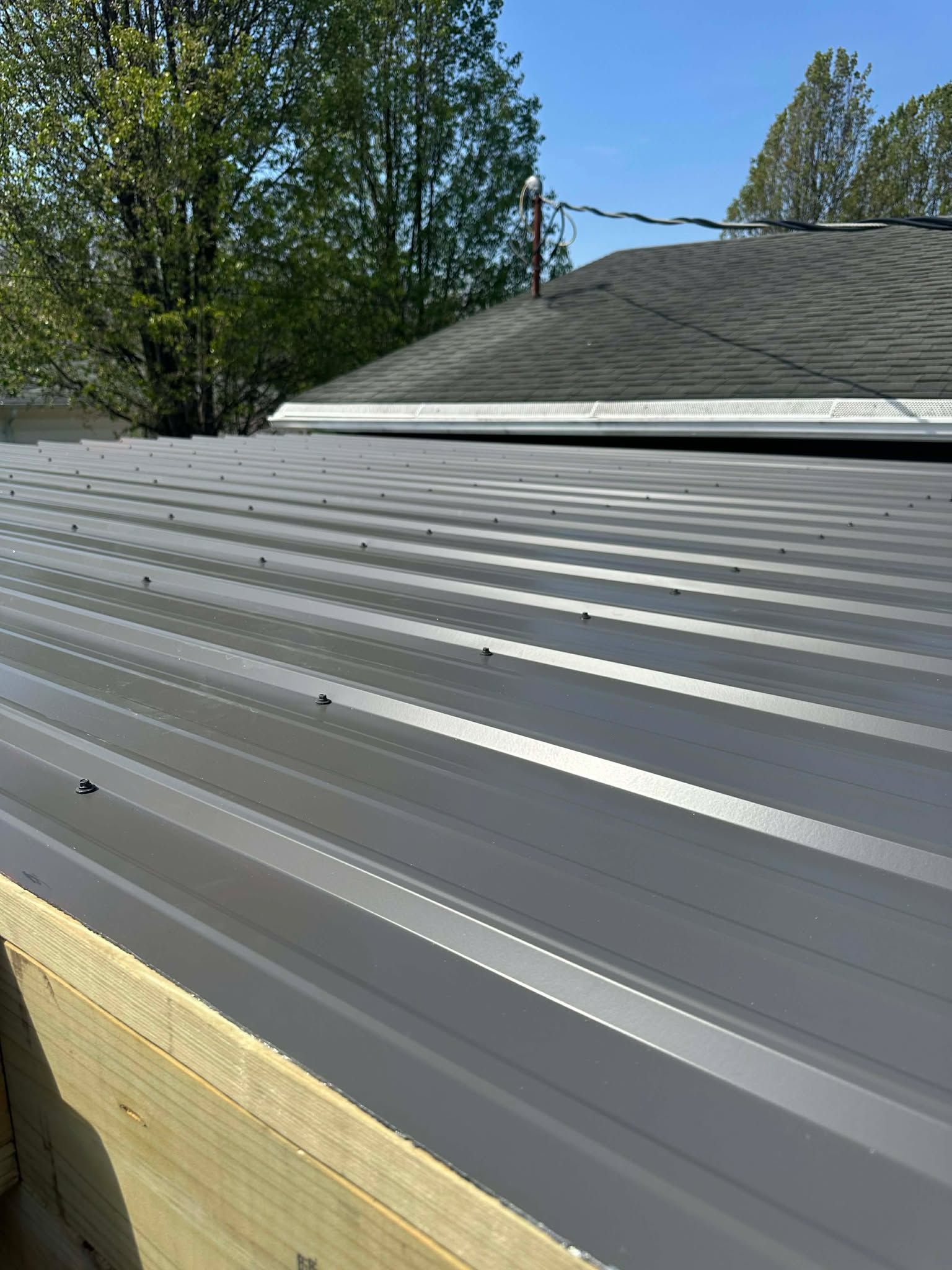 Gray corrugated metal roof beside a shingled roof, with trees in the background.