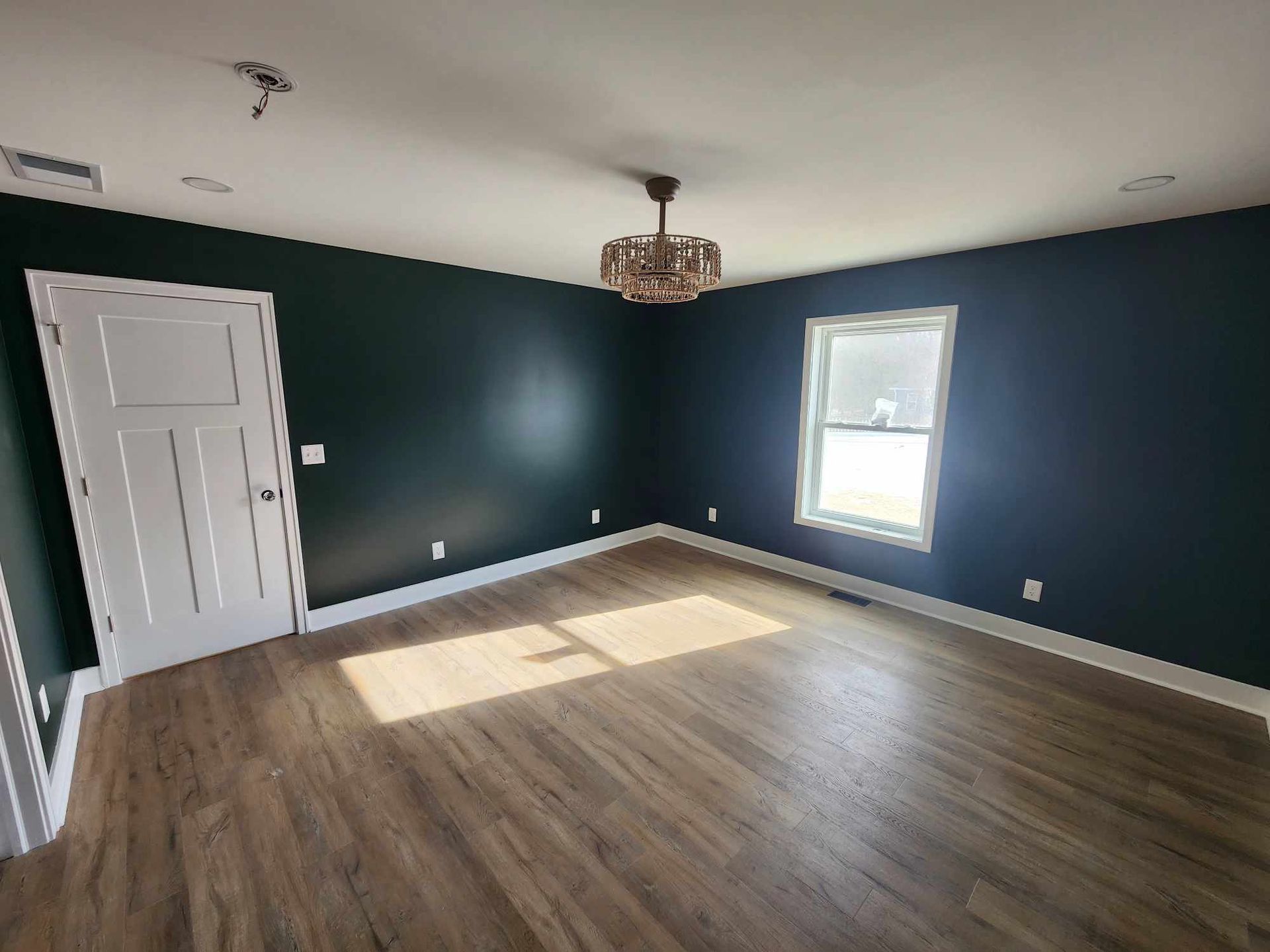 Empty room with dark blue walls, hardwood floor, white door, and a window letting in sunlight