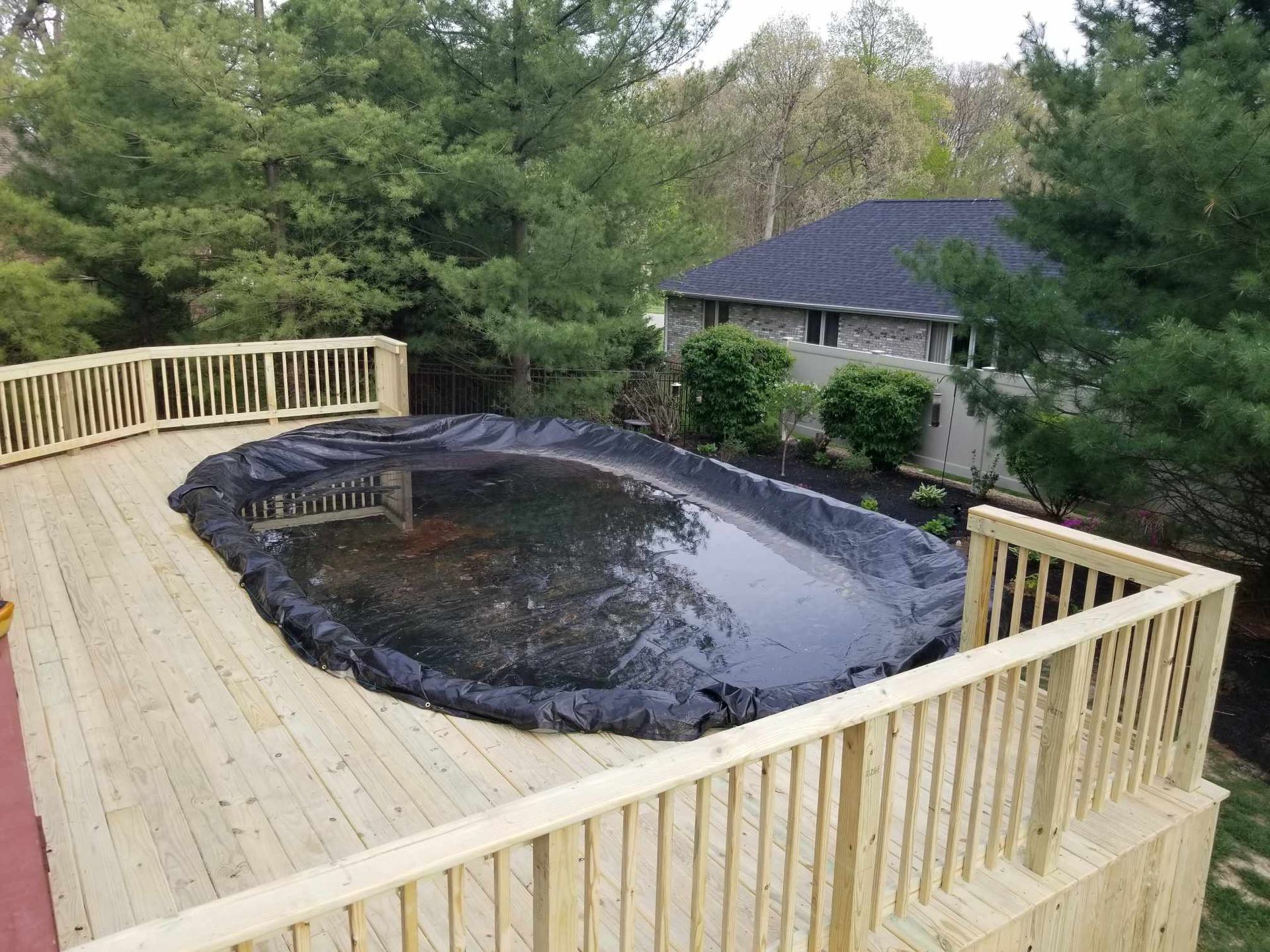Wooden deck around a covered pond in a wooded backyard, with a small house nearby