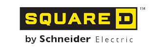 Square D by Schneider Electric logo. Yellow text and square on black background, text below.
