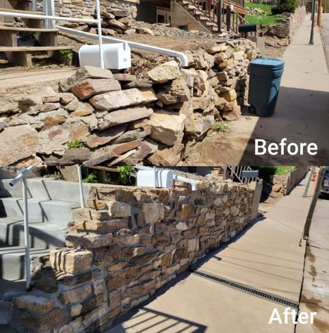 A before and after photo of a stone wall