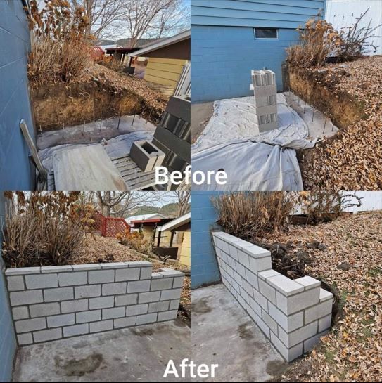 A before and after photo of a brick wall