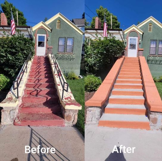 A before and after picture of a house with stairs