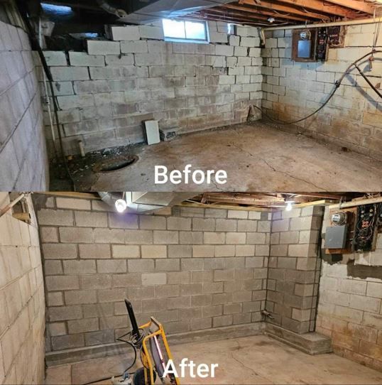 A before and after photo of a basement with brick walls