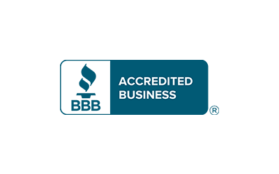 The bbb logo is blue and white and says accredited business.