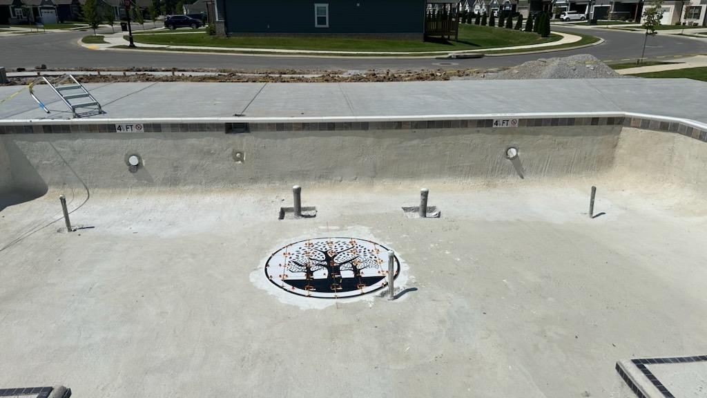 A concrete pool with a tree on the bottom of it