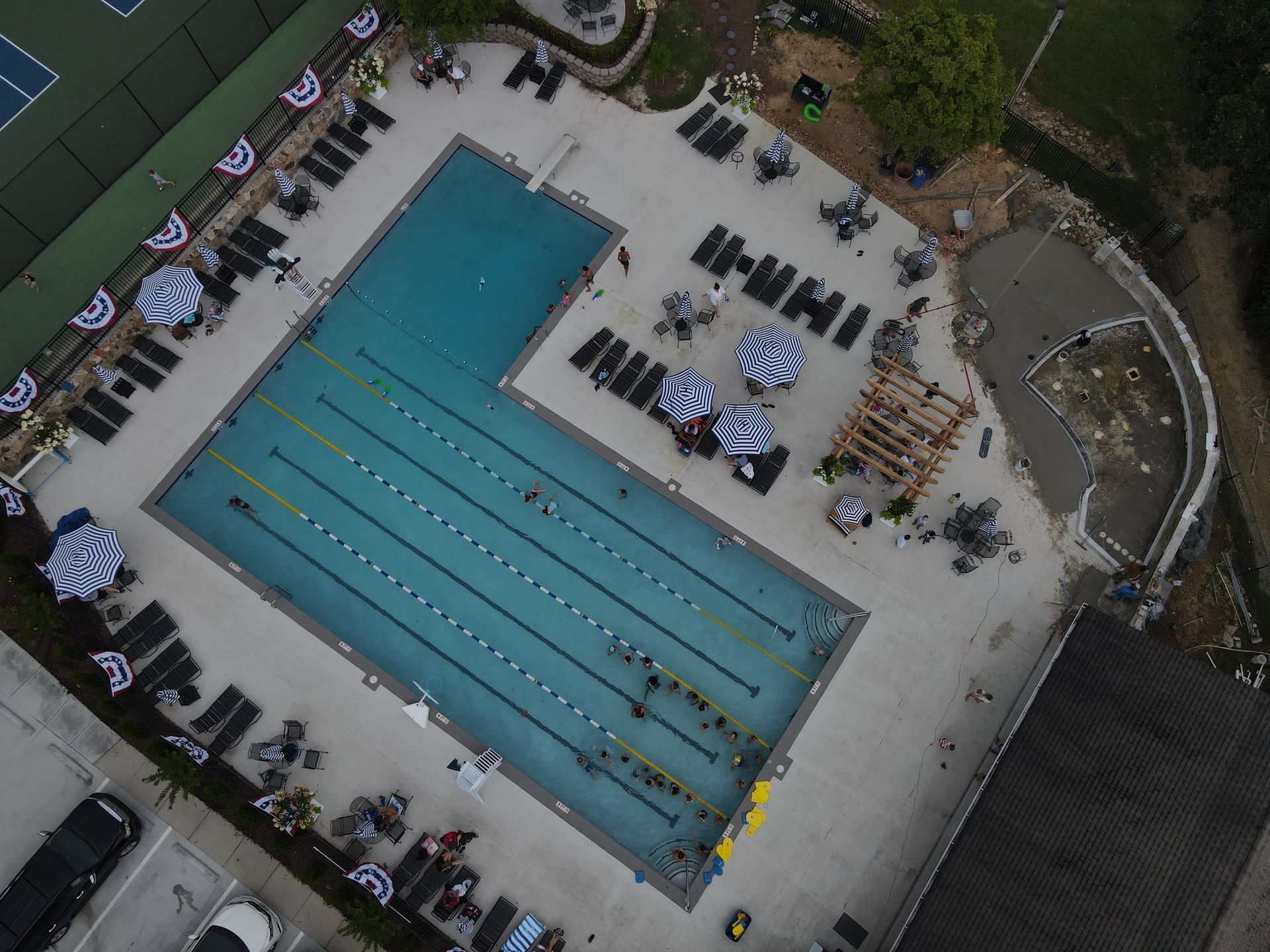 An aerial view of a large swimming pool
